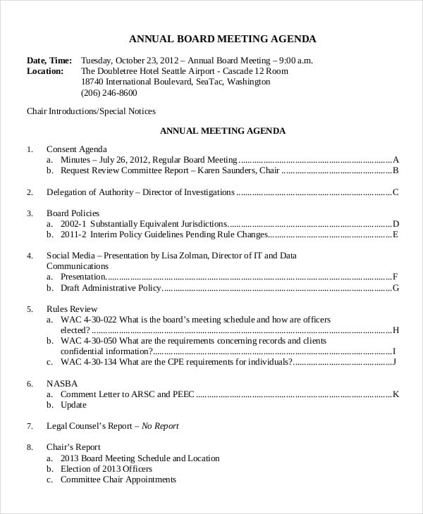 Annual Board Meeting Agenda Template 