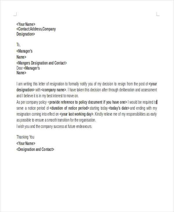 formal resignation letter with notice period