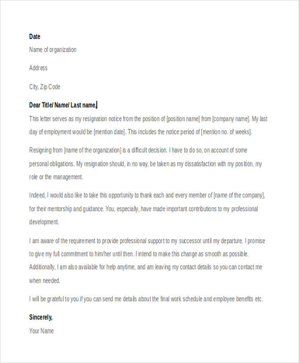 employee resignation letter example