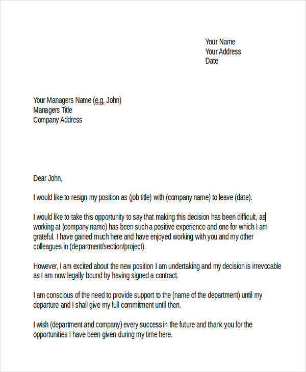 official resignation letter to manager
