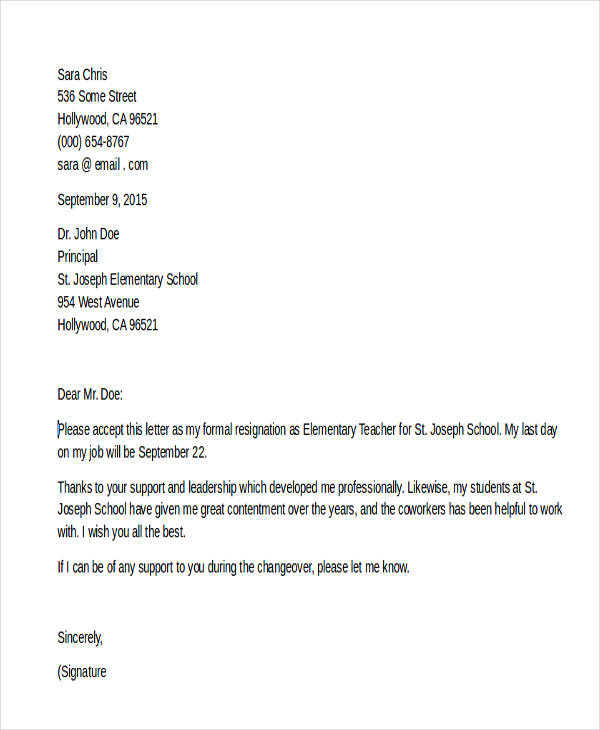 elementary teacher resignation letter