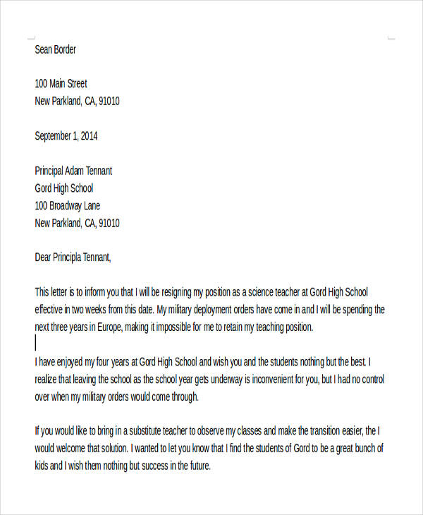 school teacher resignation letter