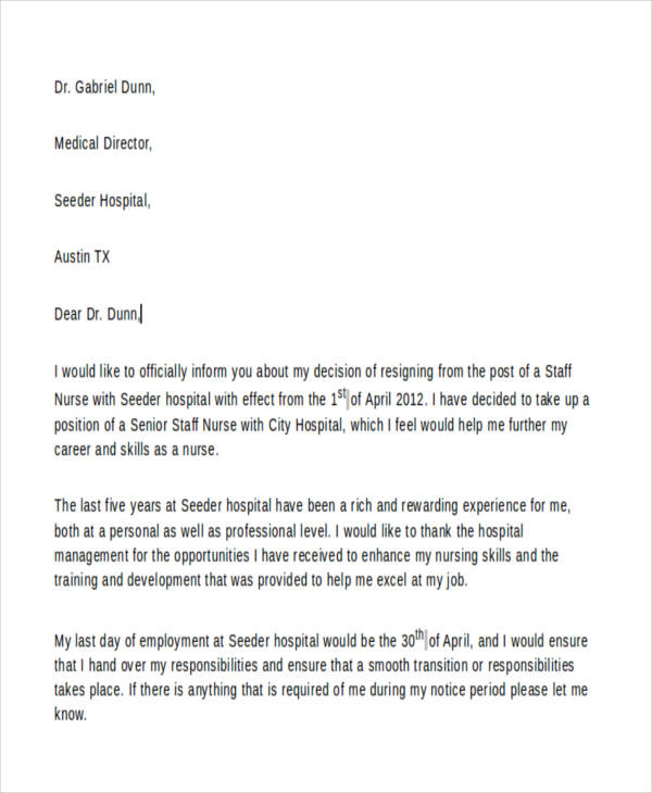 staff nurse resignation letter