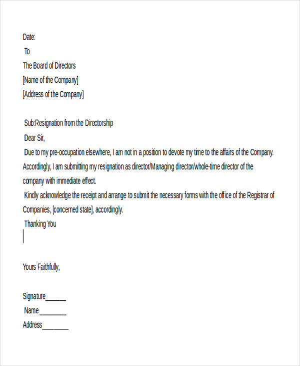 board of directors resignation letter format