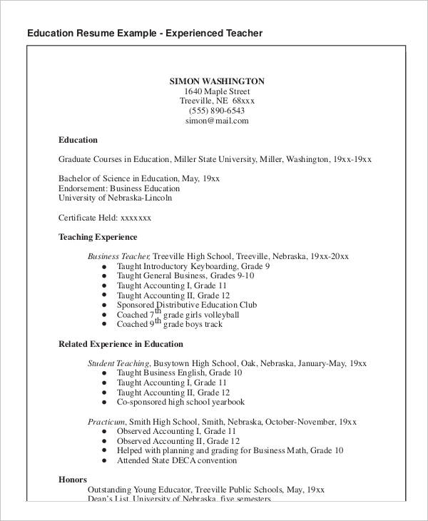 simple teacher resume template free download