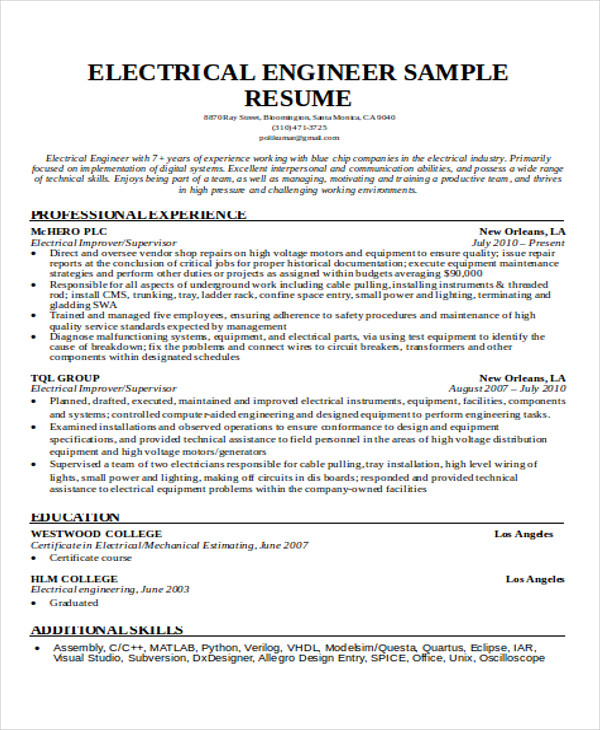 electrical engineering projects for resume