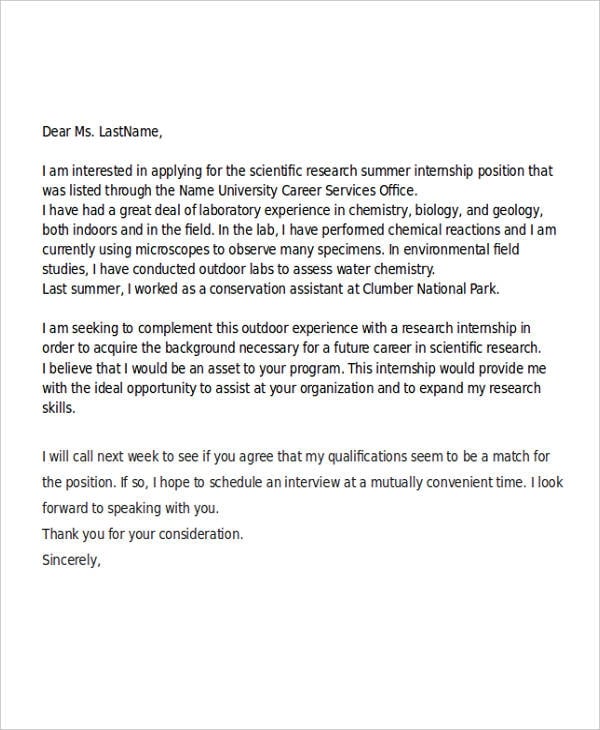 sample application letter for an internship