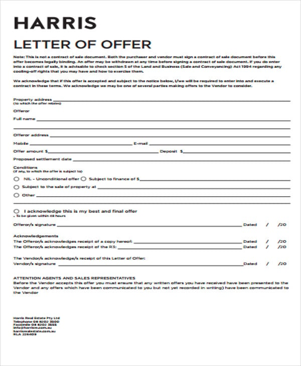 real estate offer letter template free