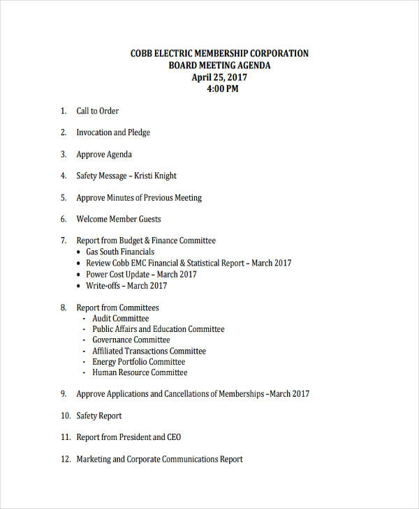 corporate board meeting agenda