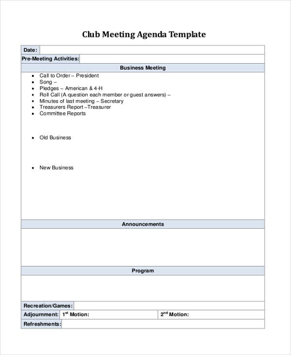 club meeting agenda template