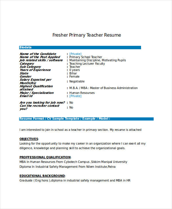 resume summary for freshers teaching job