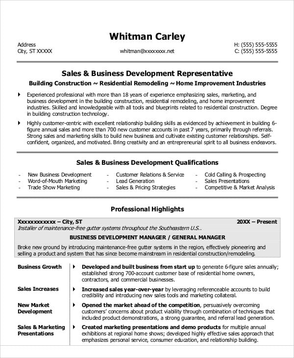 construction sales representative resume