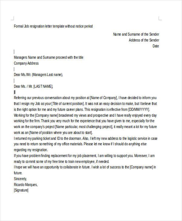 42+ Sample Resignation Letter Template