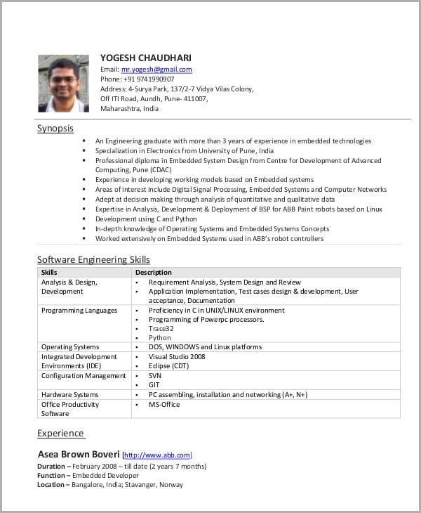 experienced software engineering resume