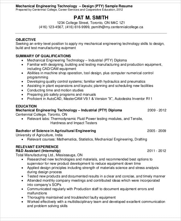 diploma mechanical engineering resume