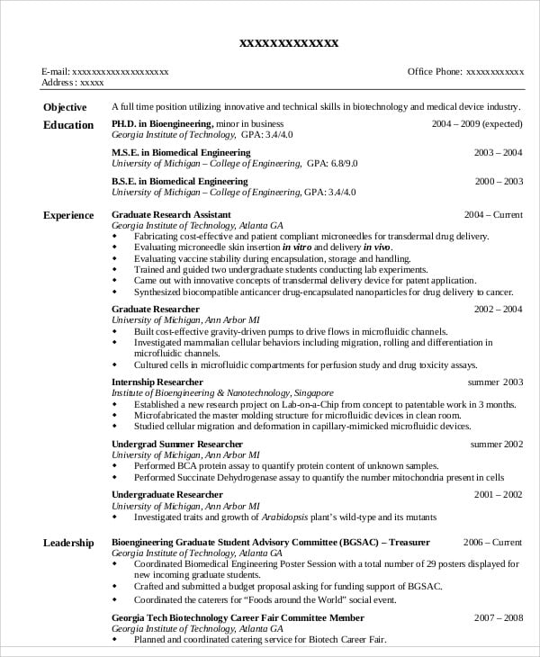 biomedical engineering resume format