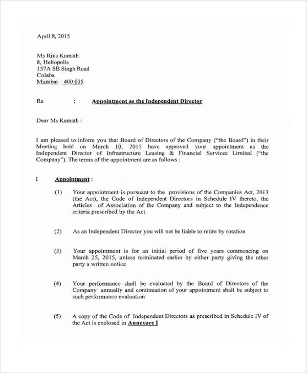 appointment letter sample for independent director in private company format