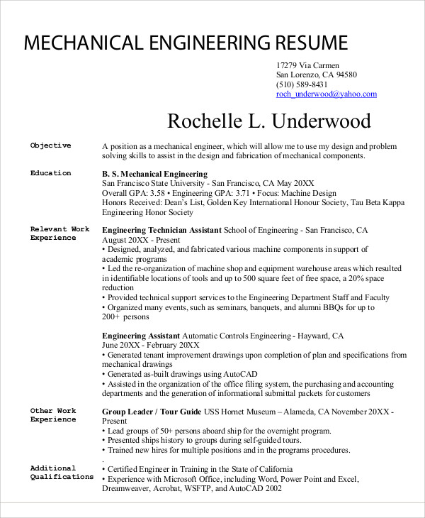 sample mechanical engineering resume