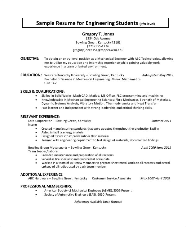 engineering fresher resume sample