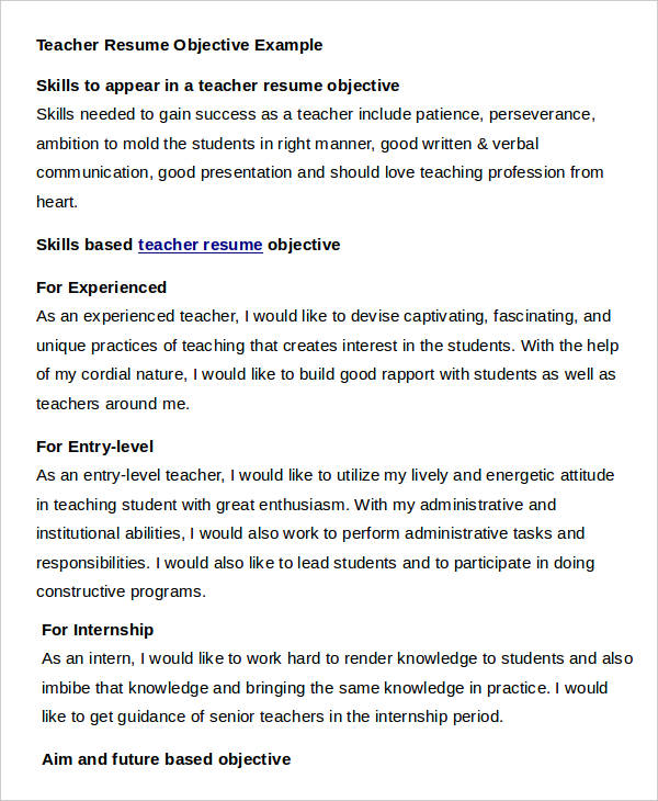 resume objective examples for teacher
