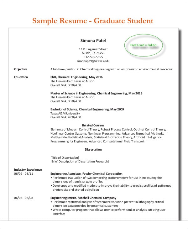 engineering graduate student resume