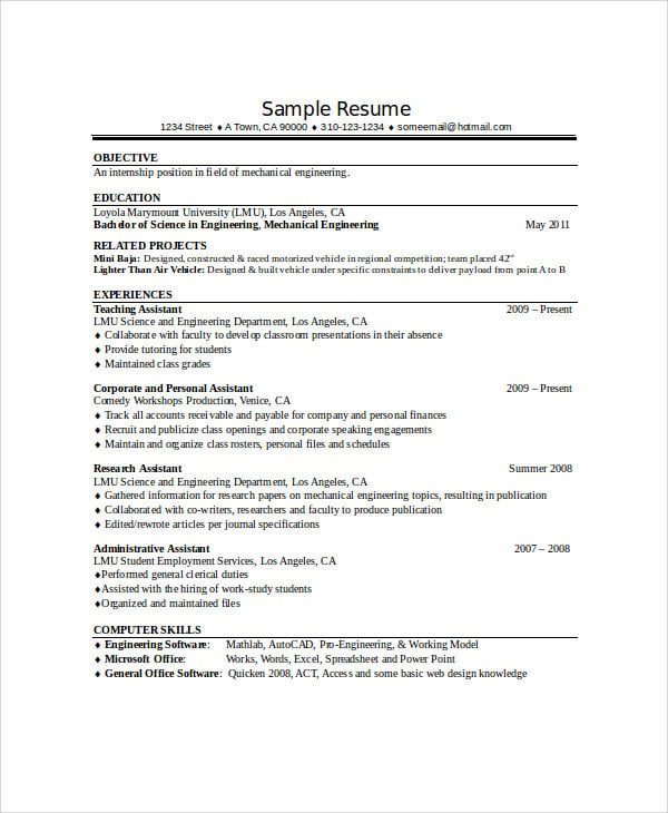 mechanical engineering internship resume