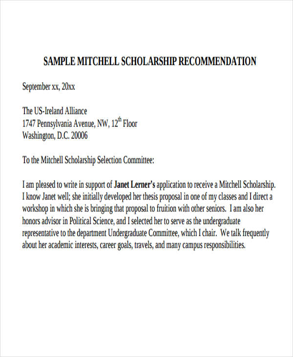 scholarship recommendation letter from professor