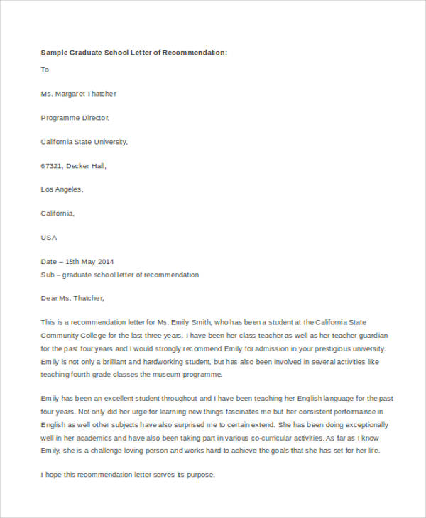 academic recommendation letter for graduate school