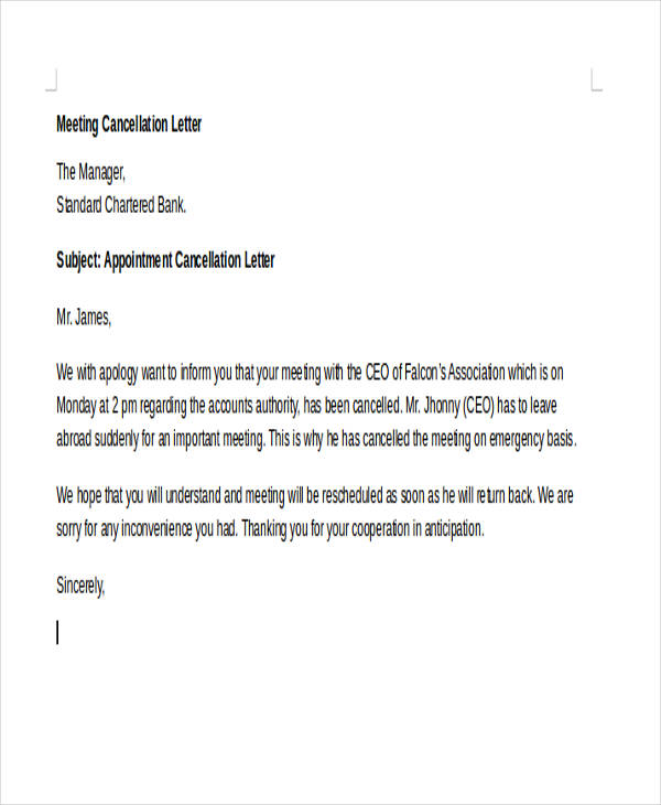 meeting appointment cancellation letter template