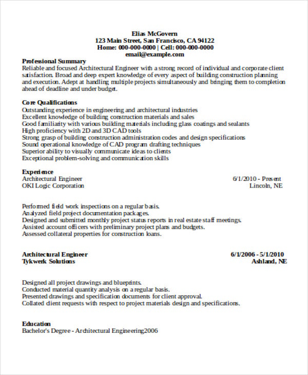 architectural engineering resume sample