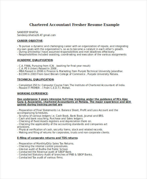 chartered accountant fresher resume