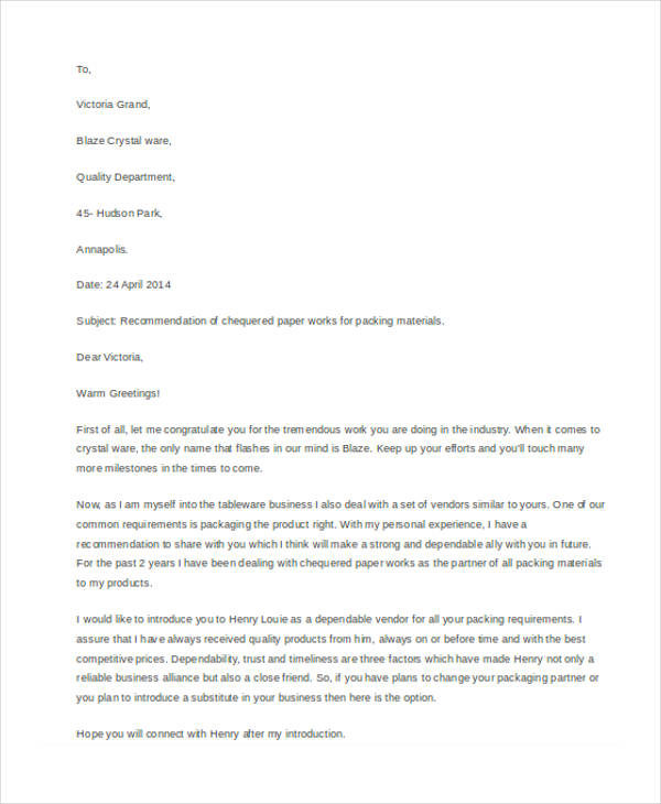business recommendation letter for a company