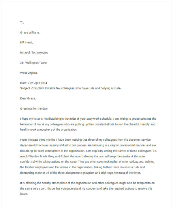 employee complaint letter to hr