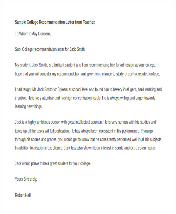 college recommendation letter from teacher