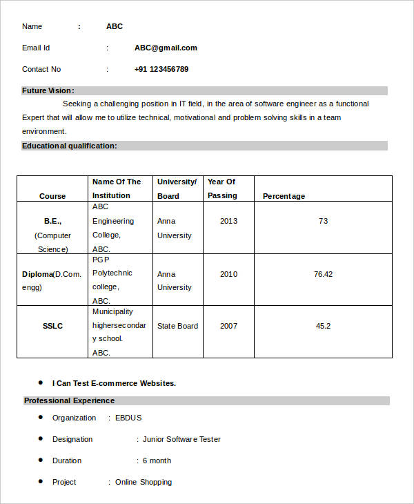 software testing engineer fresher resume