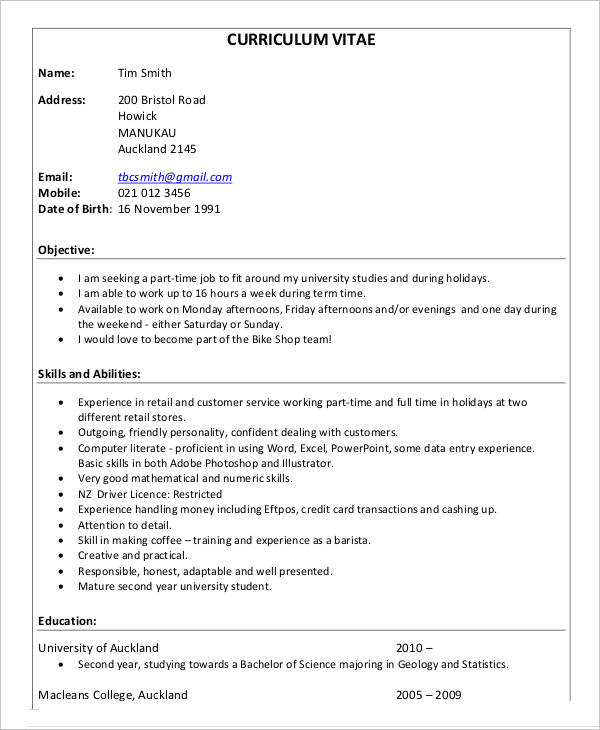 Cv Student Part Time Job