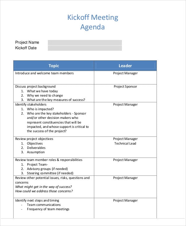 Kick-Off Agenda Samples - 6+ Free Word, PDF Format Download
