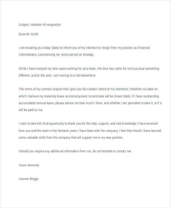 simple resignation letter email