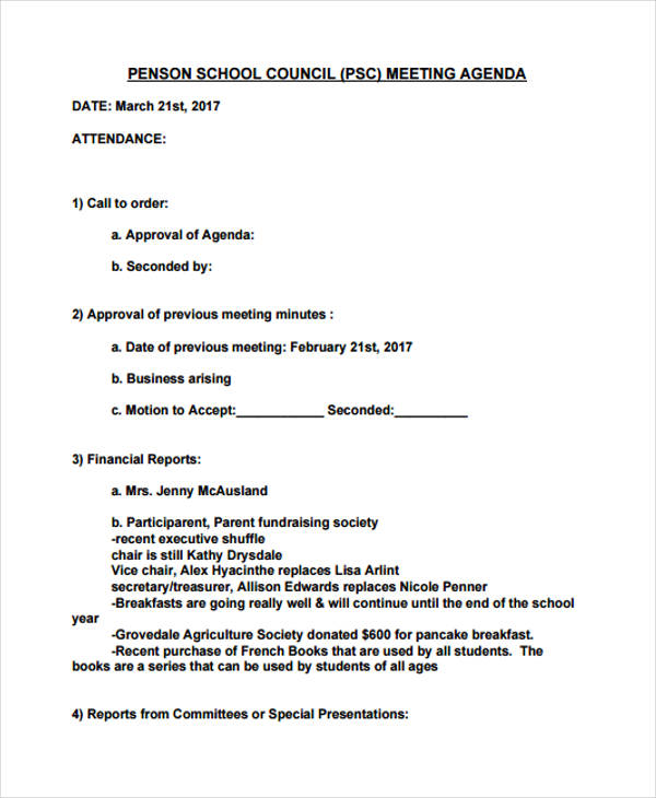 student council meeting agenda template