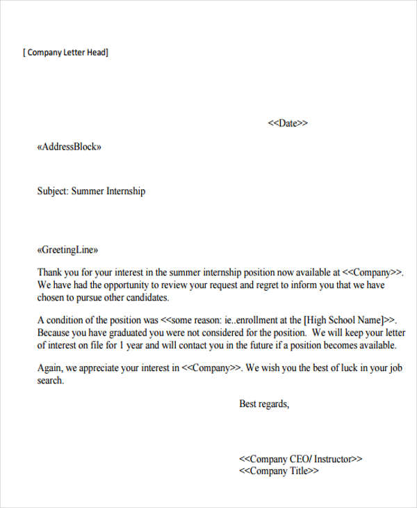 10+ Internship Rejection Letters - Free Sample, Example Format Download