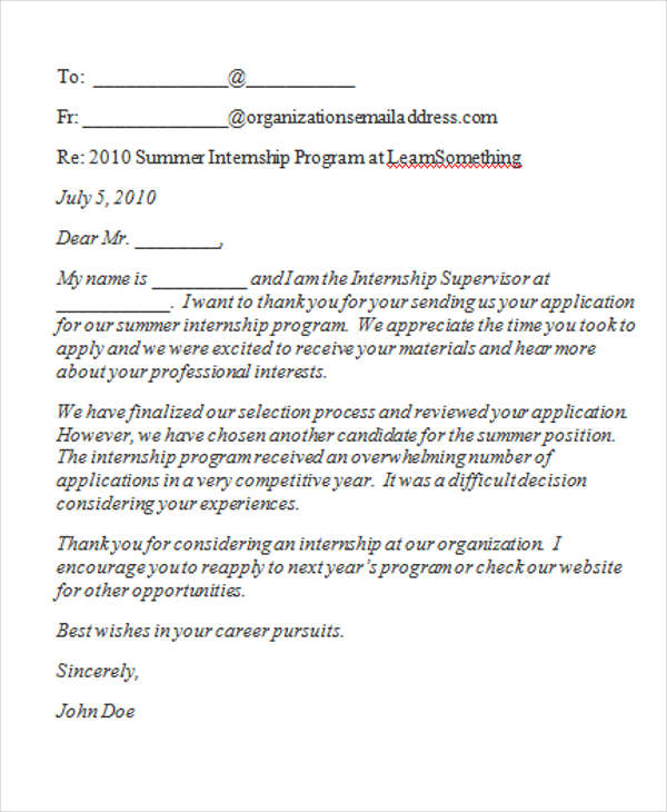 Sample Rejection Letter For Internship Candidate | The Document Template