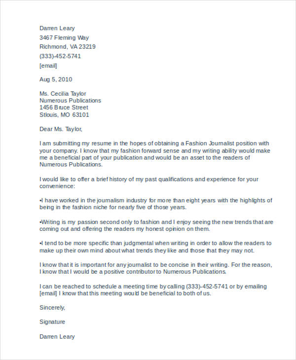 sample application letter for journalism