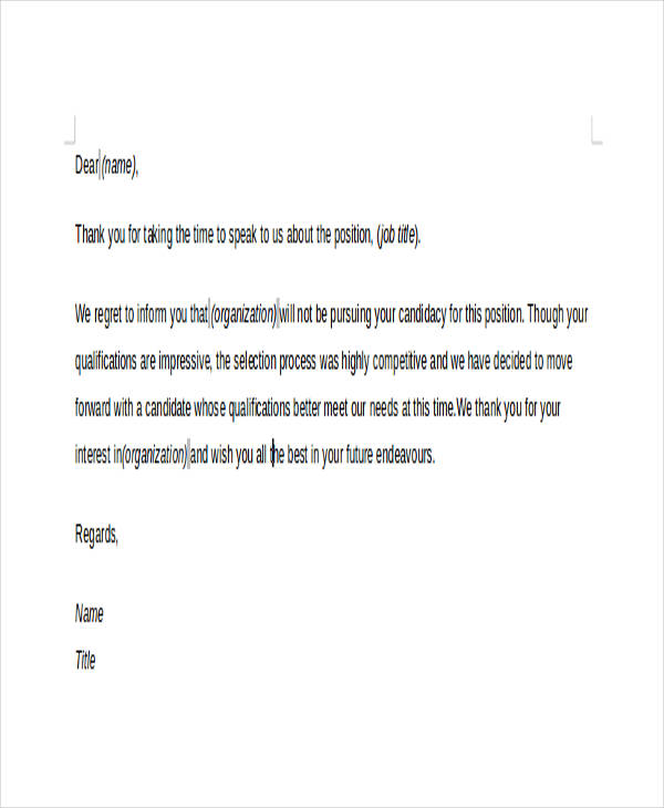 candidate thank you rejection