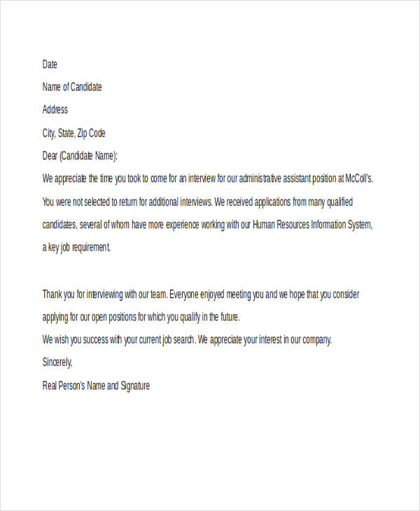 employment contract rejection letter