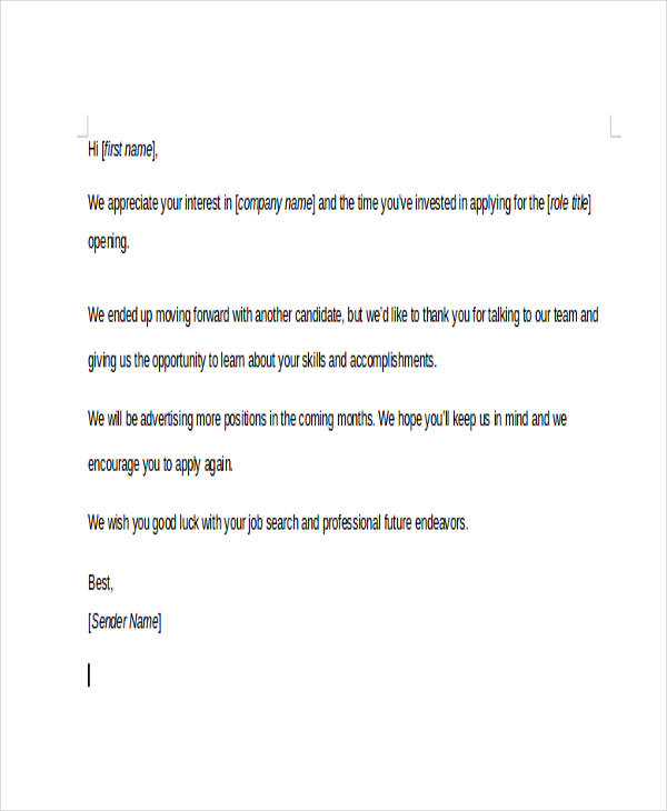 employment candidate rejection letter