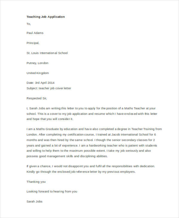 Cover letter for job application as a teacher
