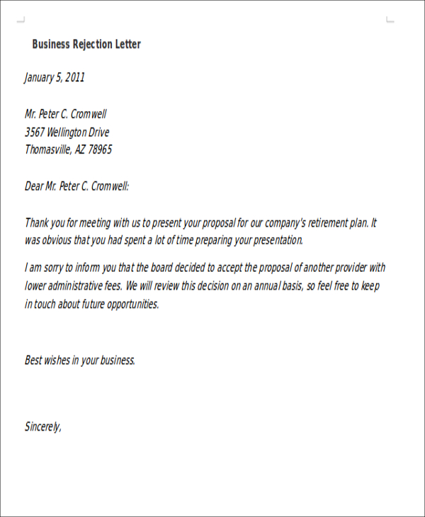 formal business rejection letter