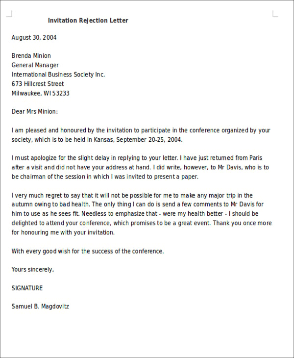invitation rejection letter
