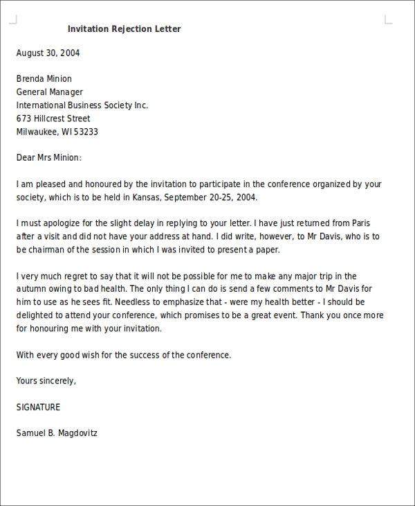 Regret Letter For Not Attending The Conference - Letter 