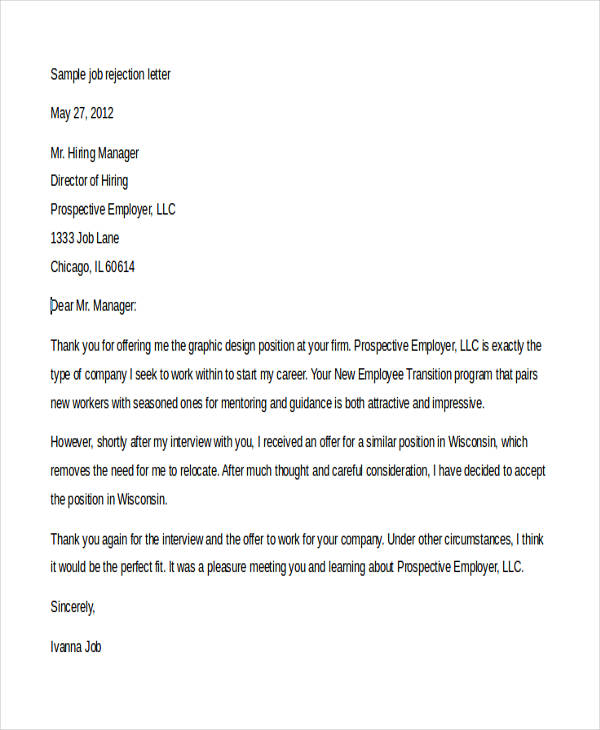 Offer Rejection Letters 10 Free Sample Example Format Download